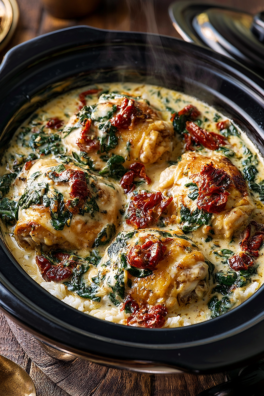 Creamy Tuscan Garlic Chicken Thighs, Easy Crockpot Meal Dump and Go Creamy Tuscan Garlic Chicken Thighs, Easy Crockpot Meal Dump and Go