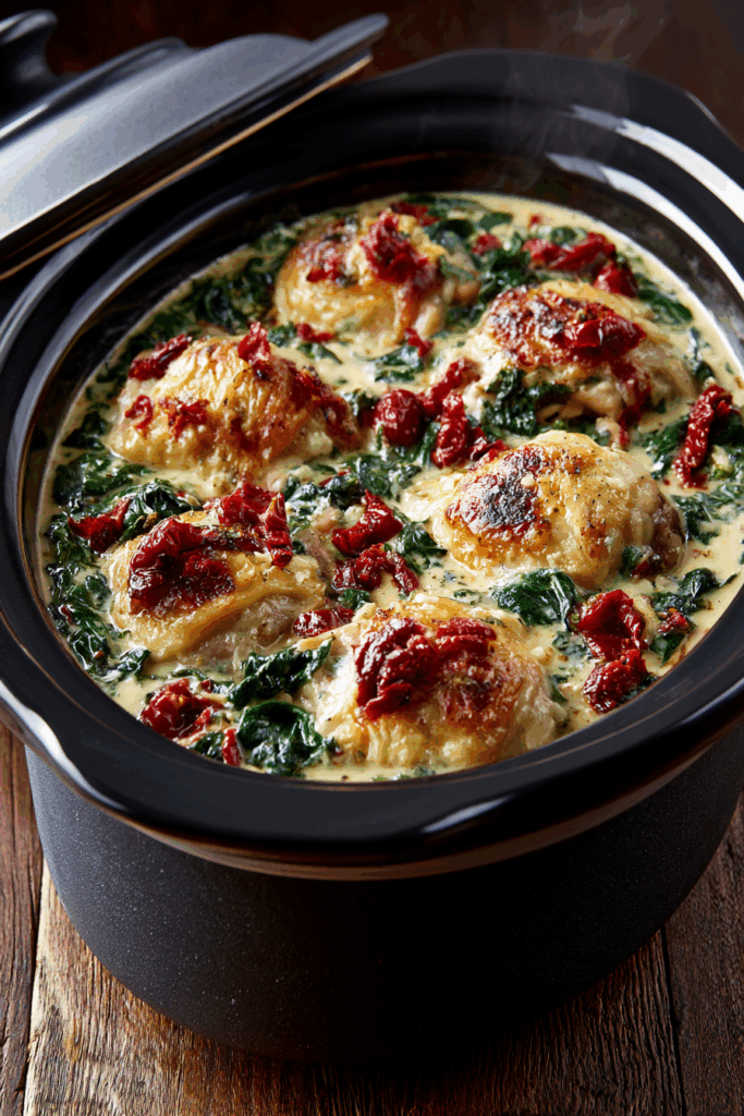 Creamy Tuscan Garlic Chicken Thighs, Easy Crockpot Meal Dump and Go Creamy Tuscan Garlic Chicken Thighs, Easy Crockpot Meal Dump and Go