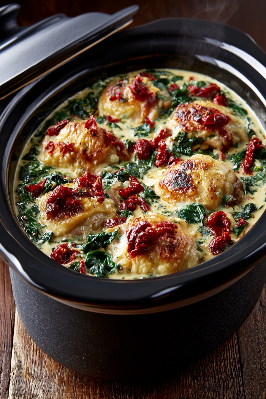 Creamy Tuscan Garlic Chicken Thighs, Easy Crockpot Meal Dump and Go Creamy Tuscan Garlic Chicken Thighs, Easy Crockpot Meal Dump and Go