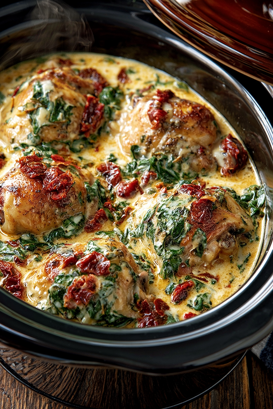 Creamy Tuscan Garlic Chicken Thighs, Easy Crockpot Meal Dump and Go Creamy Tuscan Garlic Chicken Thighs, Easy Crockpot Meal Dump and Go