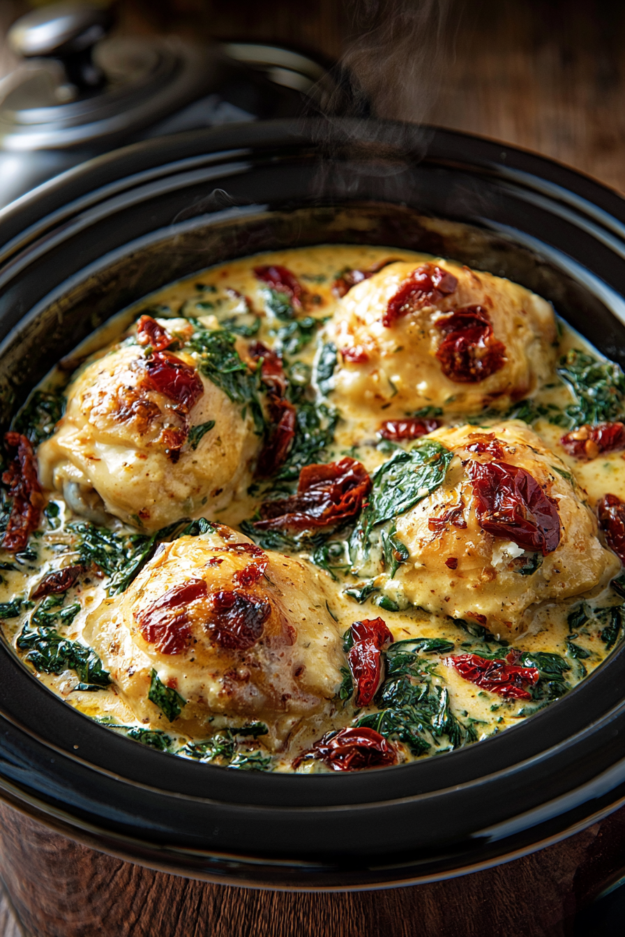 Creamy Tuscan Garlic Chicken Thighs, Easy Crockpot Meal Dump and Go Creamy Tuscan Garlic Chicken Thighs, Easy Crockpot Meal Dump and Go
