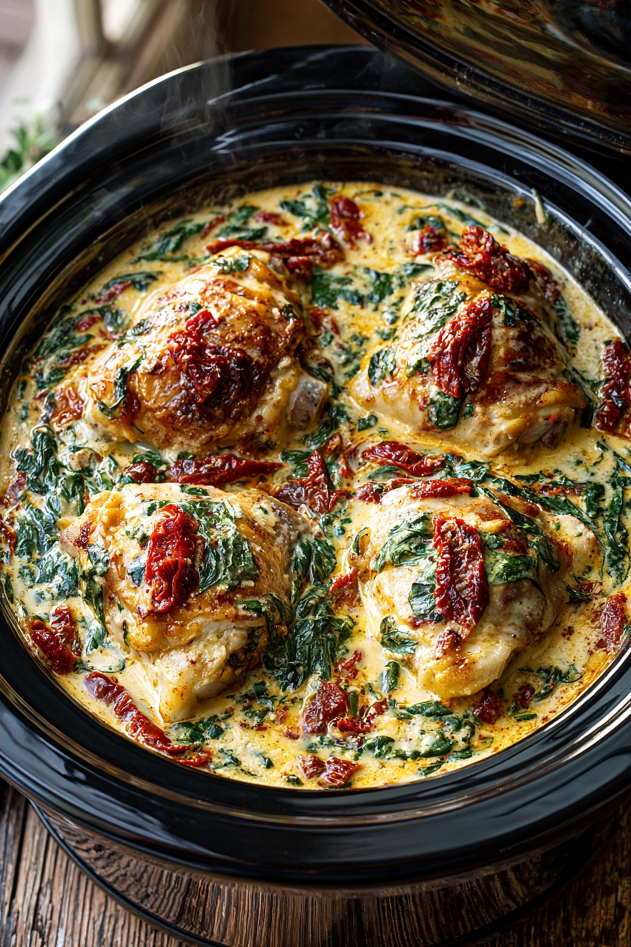 Creamy Tuscan Garlic Chicken Thighs, Easy Crockpot Meal Dump and Go Creamy Tuscan Garlic Chicken Thighs, Easy Crockpot Meal Dump and Go