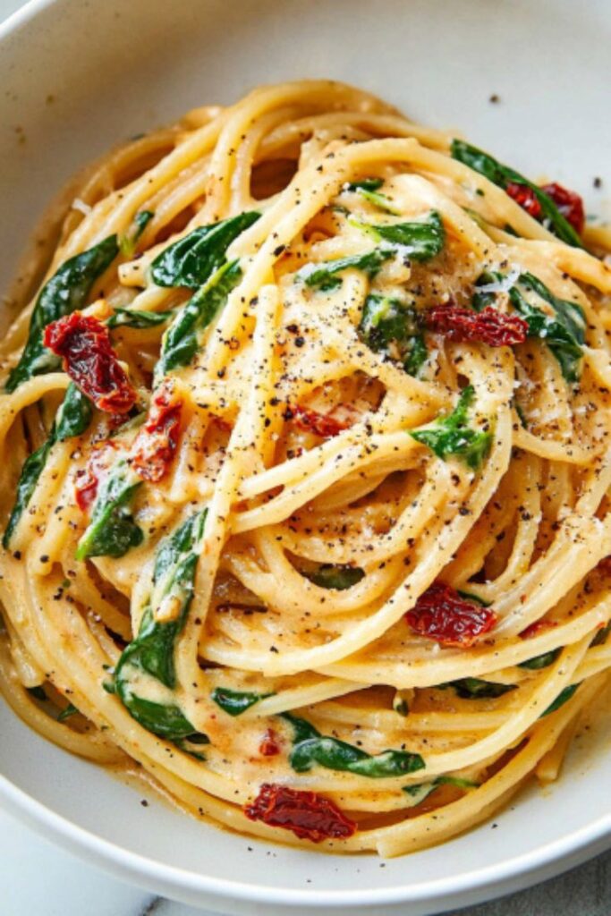 Spaghetti & Spinach with Sun-Dried Tomato Cream Sauce
