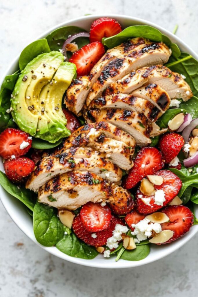 Avocado Strawberry Spinach Salad with Grilled Chicken