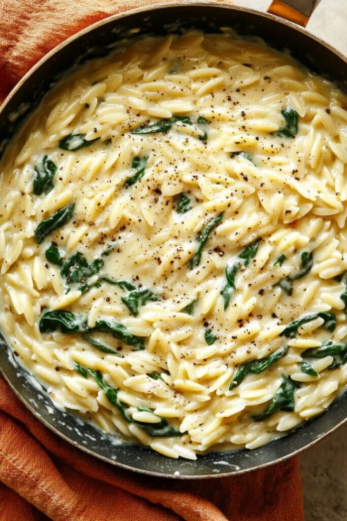 One-Pot Creamy Spinach Orzo with Parmesan