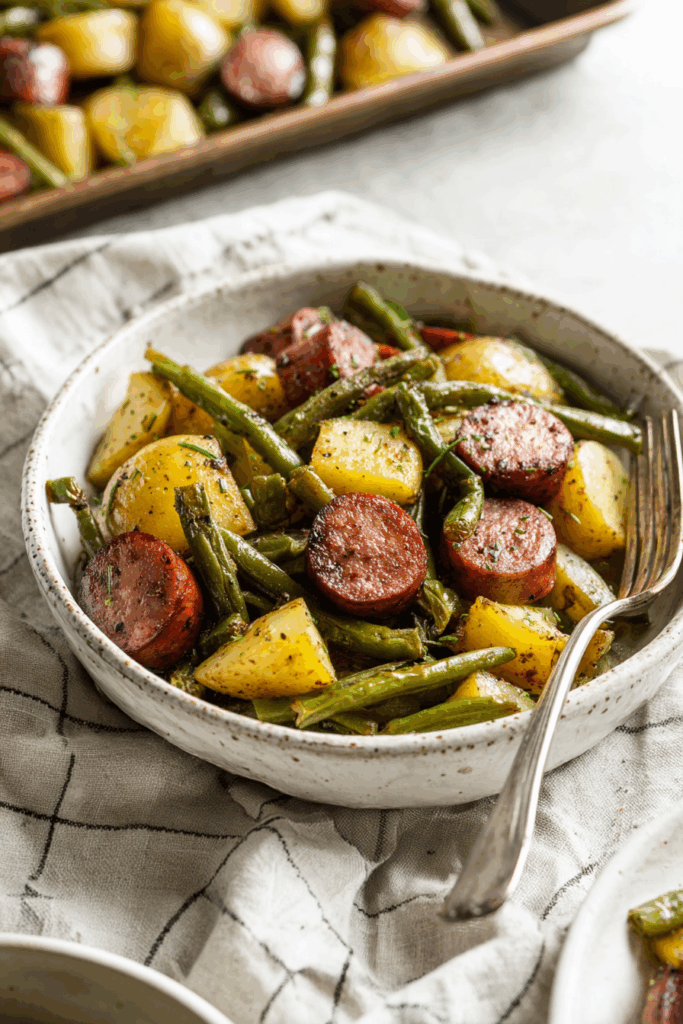 A Quick Sheet Pan Sausage with Potatoes & Green Beans A Quick Sheet Pan Sausage with Potatoes & Green Beans