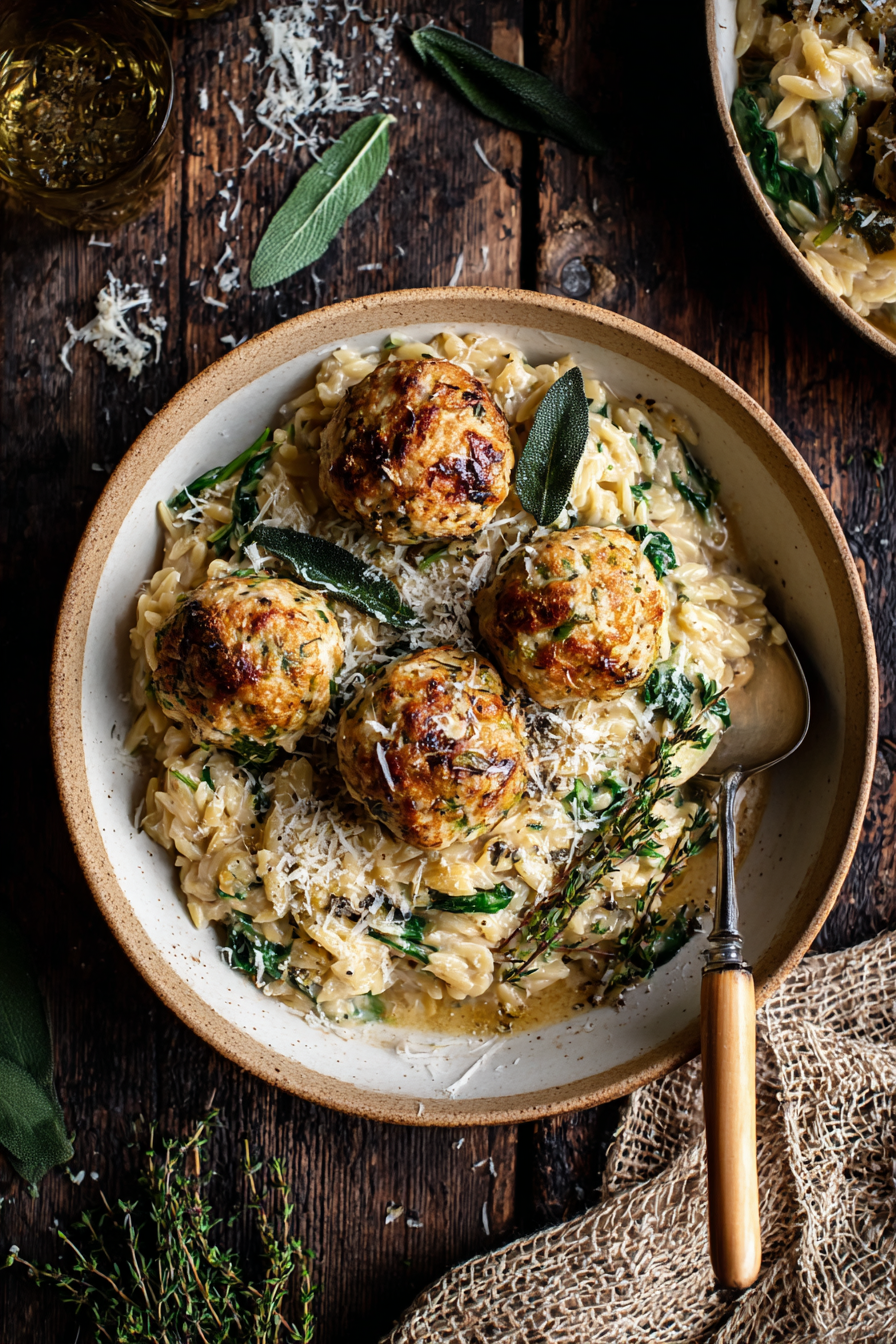 Baked Sage Chicken Meatballs with Parmesan Orzo