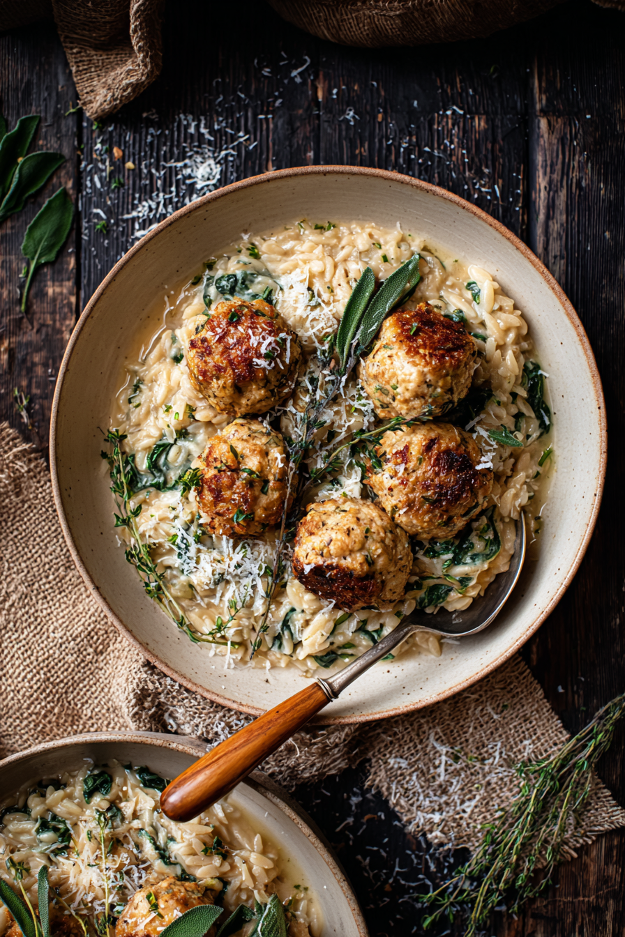 Baked Sage Chicken Meatballs with Parmesan Orzo