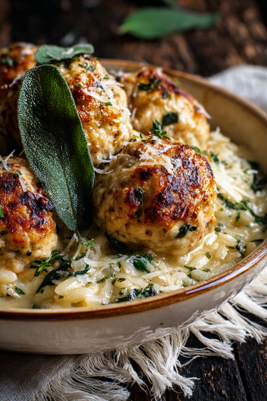 Baked Sage Chicken Meatballs with Parmesan Orzo