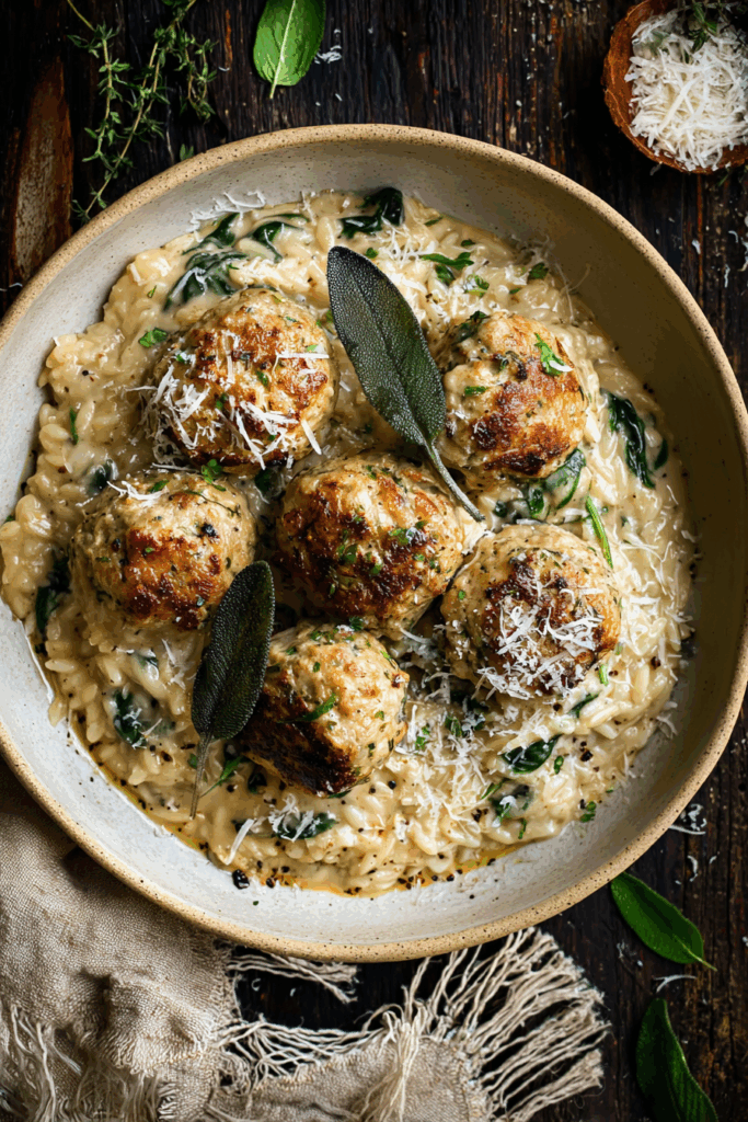 Baked Sage Chicken Meatballs with Parmesan Orzo Baked Sage Chicken Meatballs with Parmesan Orzo