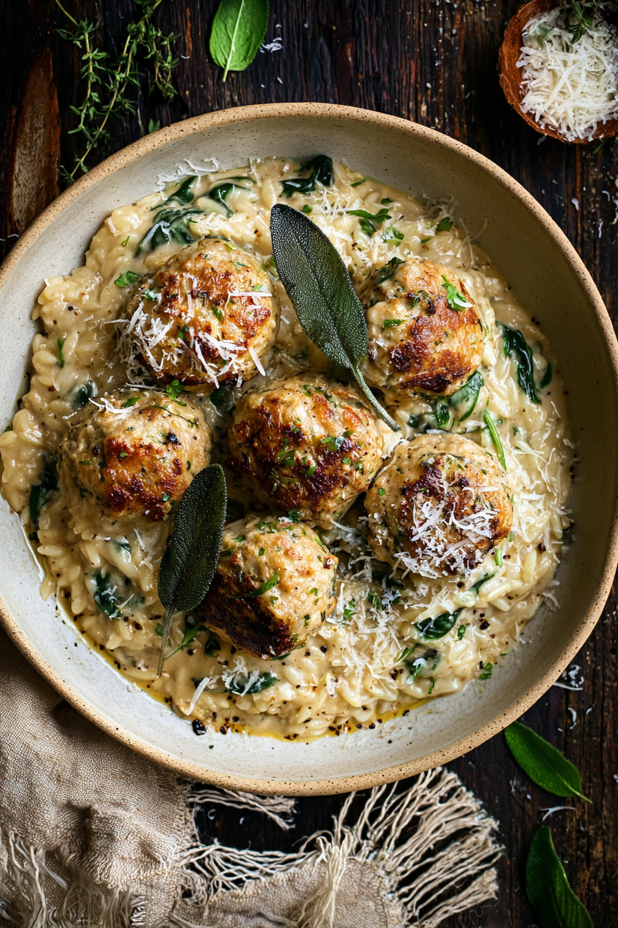 Baked Sage Chicken Meatballs with Parmesan Orzo 4