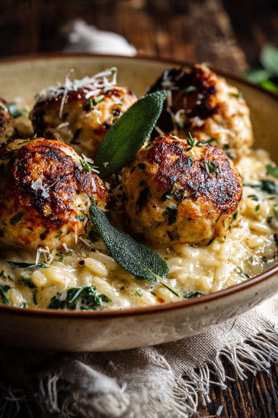 Baked Sage Chicken Meatballs with Parmesan Orzo