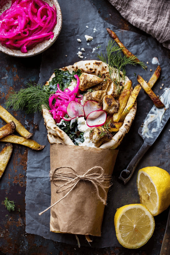 Easy Roasted Chicken Gyros with Tzatziki & Feta Fries Easy Roasted Chicken Gyros with Tzatziki & Feta Fries
