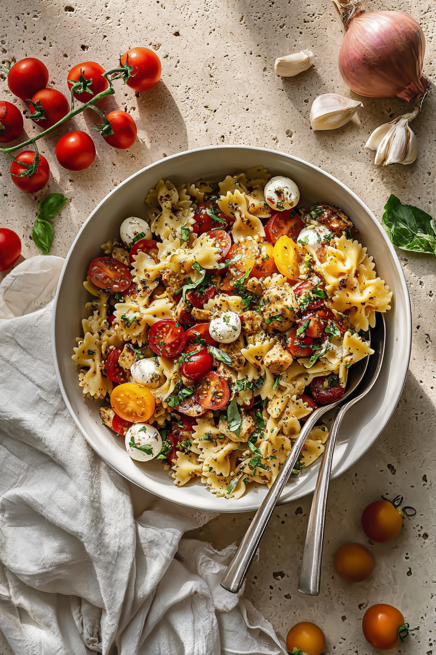 Simple Bruschetta Pasta Salad With Mini Mozzarella Balls