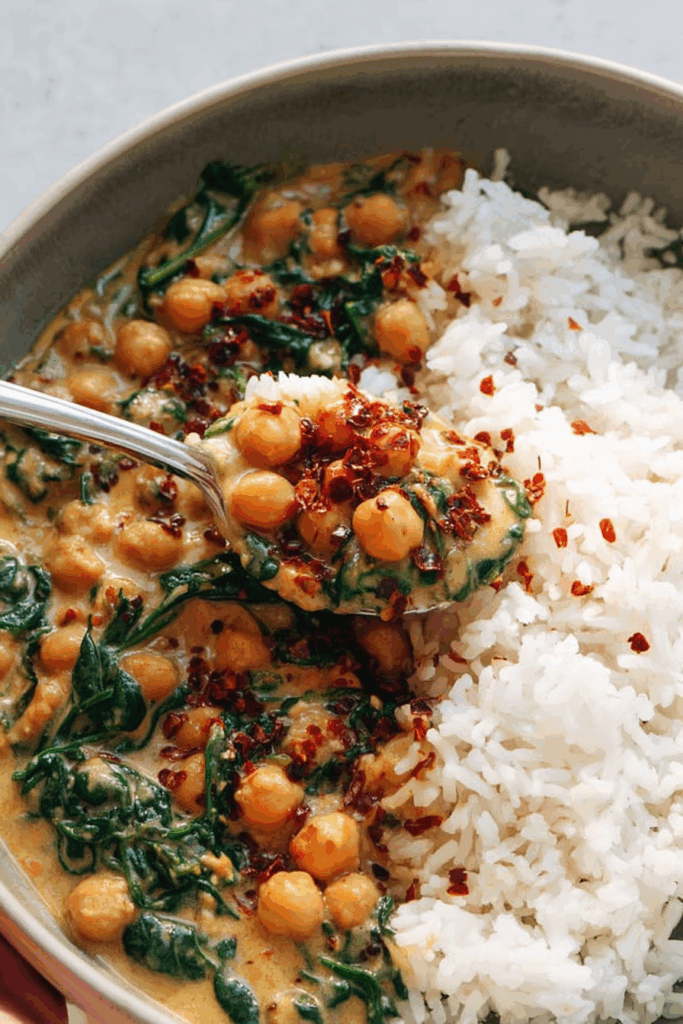 Creamy Chickpea Curry with Spinach and Rice - Thecozyweave