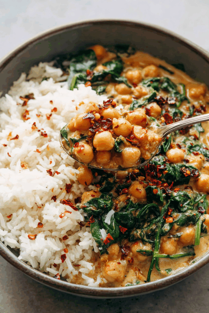 Creamy Chickpea Curry with Spinach and Rice Creamy Chickpea Curry with Spinach and Rice