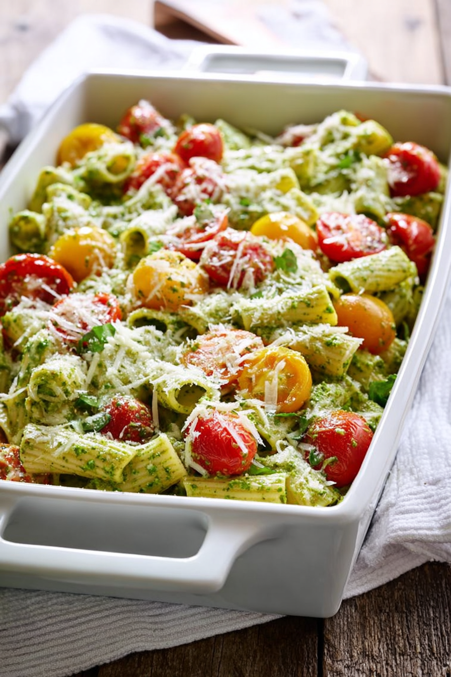 Creamy Healthy Pesto Baked Rigatoni