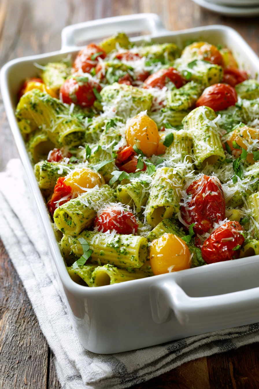 Creamy Healthy Pesto Baked Rigatoni