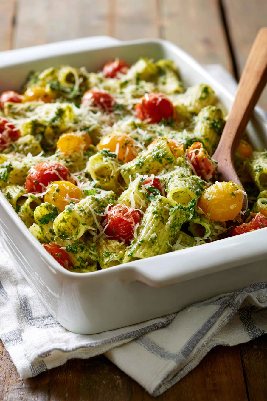 Creamy Healthy Pesto Baked Rigatoni
