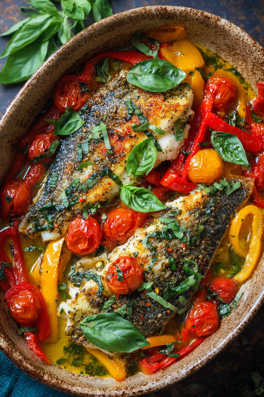 Easy Baked Garlic–Basil Fish Over Peppers