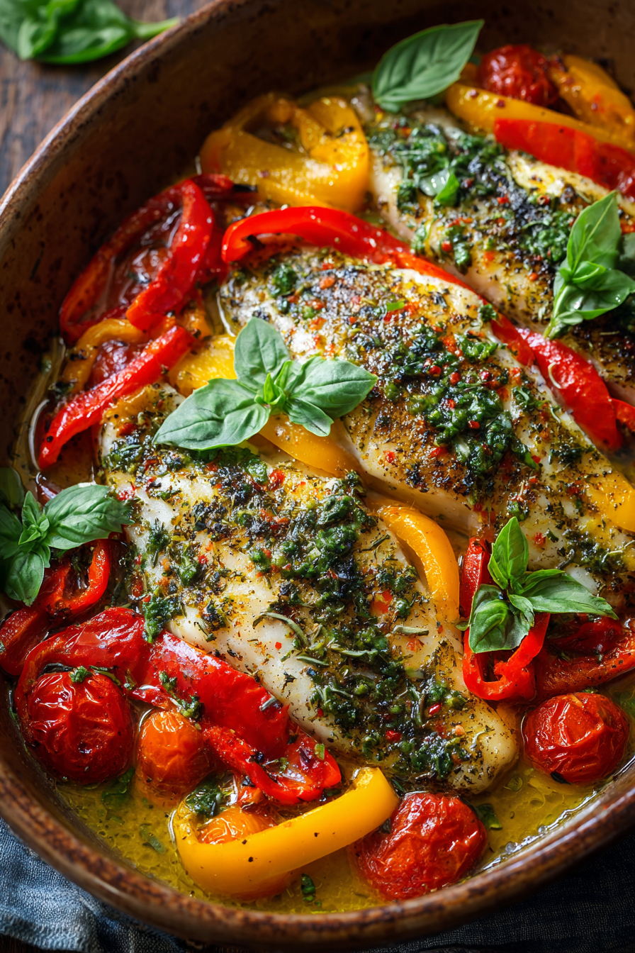 Easy Baked Garlic–Basil Fish Over Peppers Easy Baked Garlic–Basil Fish Over Peppers