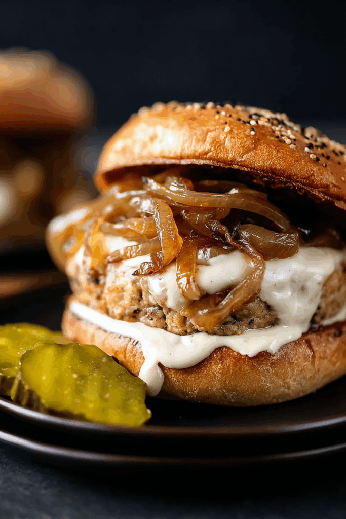 Easy Stovetop Turkey Burgers with Caramelized Onions and Aioli Easy Stovetop Turkey Burgers with Caramelized Onions and Aioli