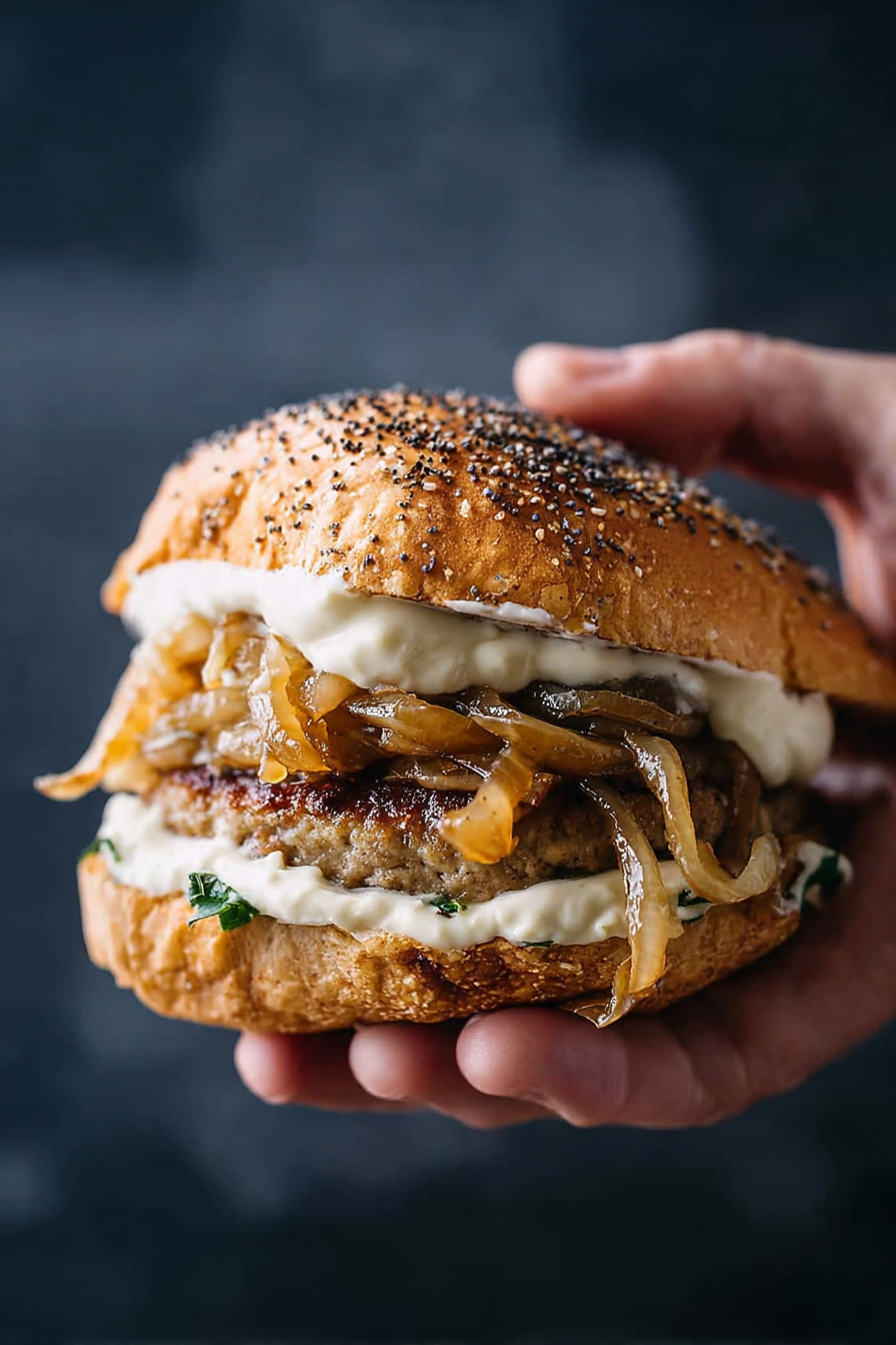 Easy Stovetop Turkey Burgers with Caramelized Onions and Aioli