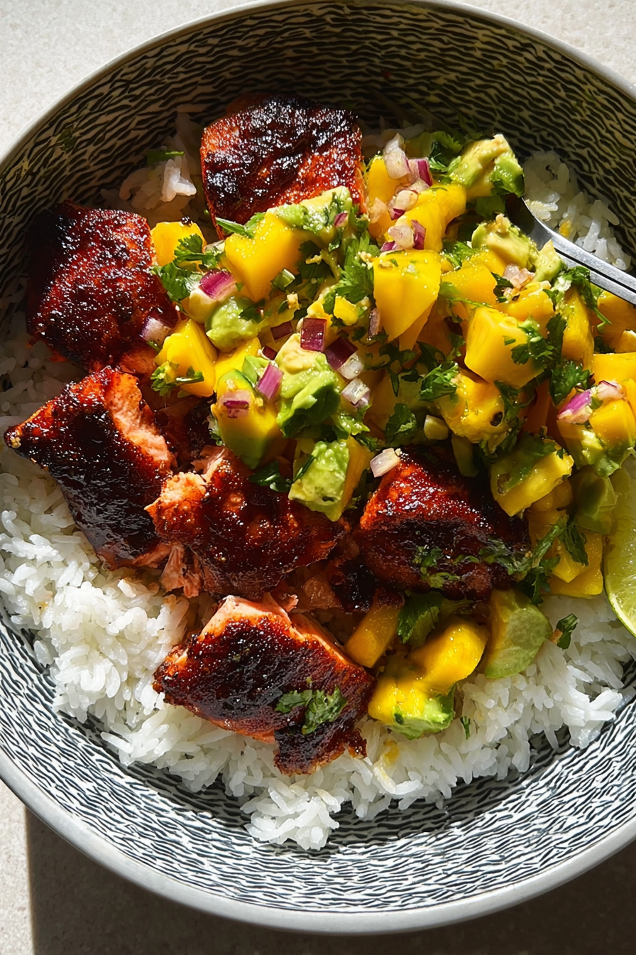Quick And Easy BBQ Salmon Bowls with Mango Avocado Salsa Quick And Easy BBQ Salmon Bowls with Mango Avocado Salsa