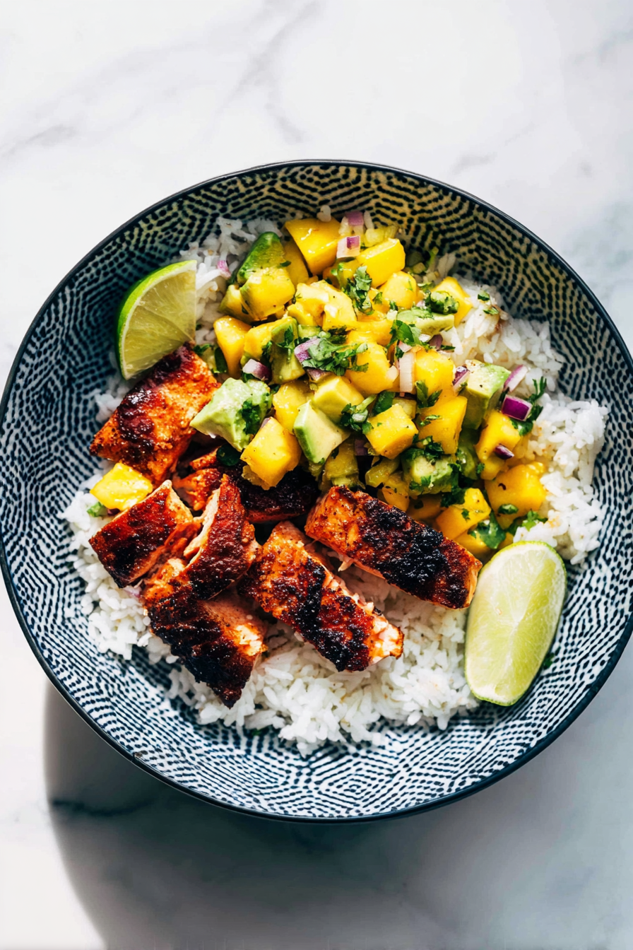 Quick And Easy BBQ Salmon Bowls with Mango Avocado Salsa Quick And Easy BBQ Salmon Bowls with Mango Avocado Salsa