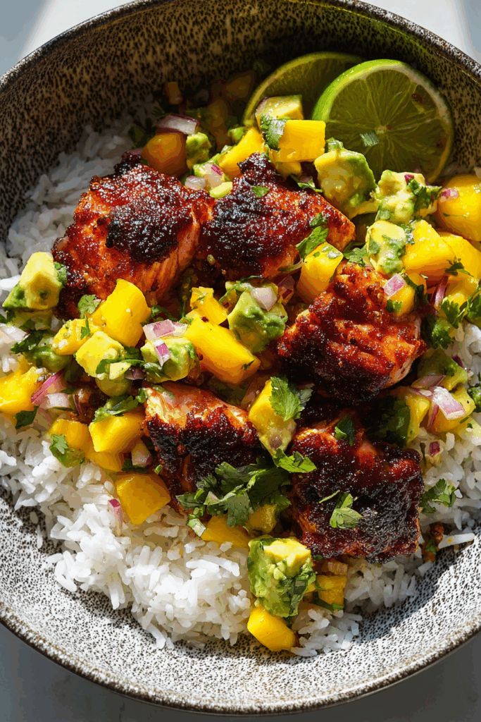 Quick And Easy BBQ Salmon Bowls with Mango Avocado Salsa Quick And Easy BBQ Salmon Bowls with Mango Avocado Salsa