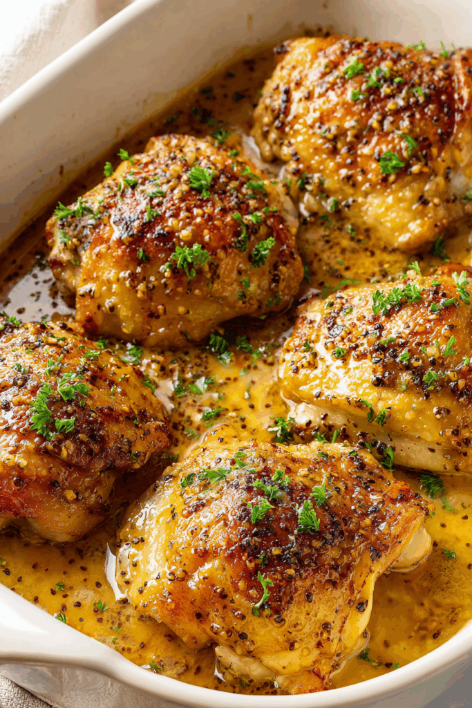 Crispy Baked Chicken Thighs with Honey Mustard Garlic Glaze