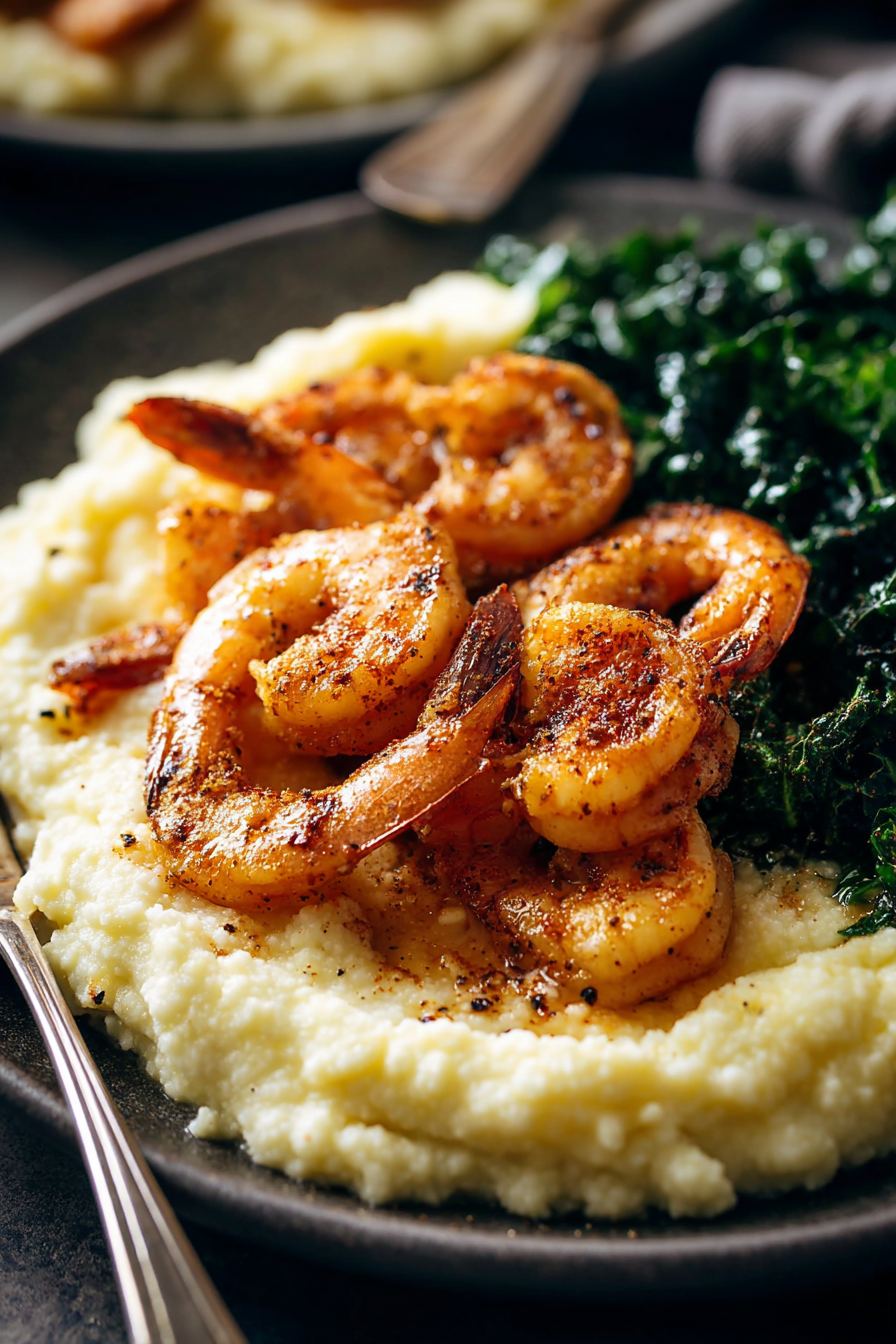 The Perfect Spicy Shrimp with Cauliflower Mash and Garlic Kale