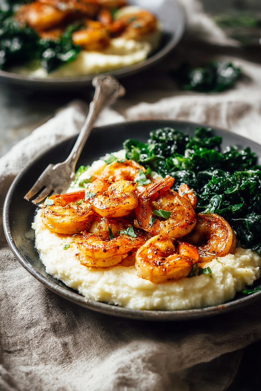 The Perfect Spicy Shrimp with Cauliflower Mash and Garlic Kale The Perfect Spicy Shrimp with Cauliflower Mash and Garlic Kale