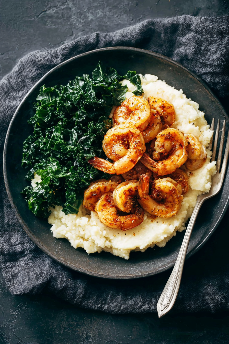 The Perfect Spicy Shrimp with Cauliflower Mash and Garlic Kale The Perfect Spicy Shrimp with Cauliflower Mash and Garlic Kale