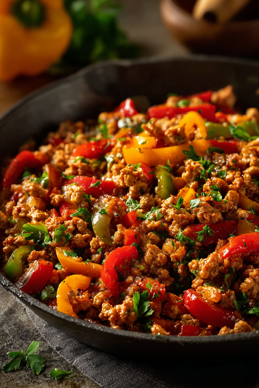 Delicious Ground Turkey and Peppers Skillet