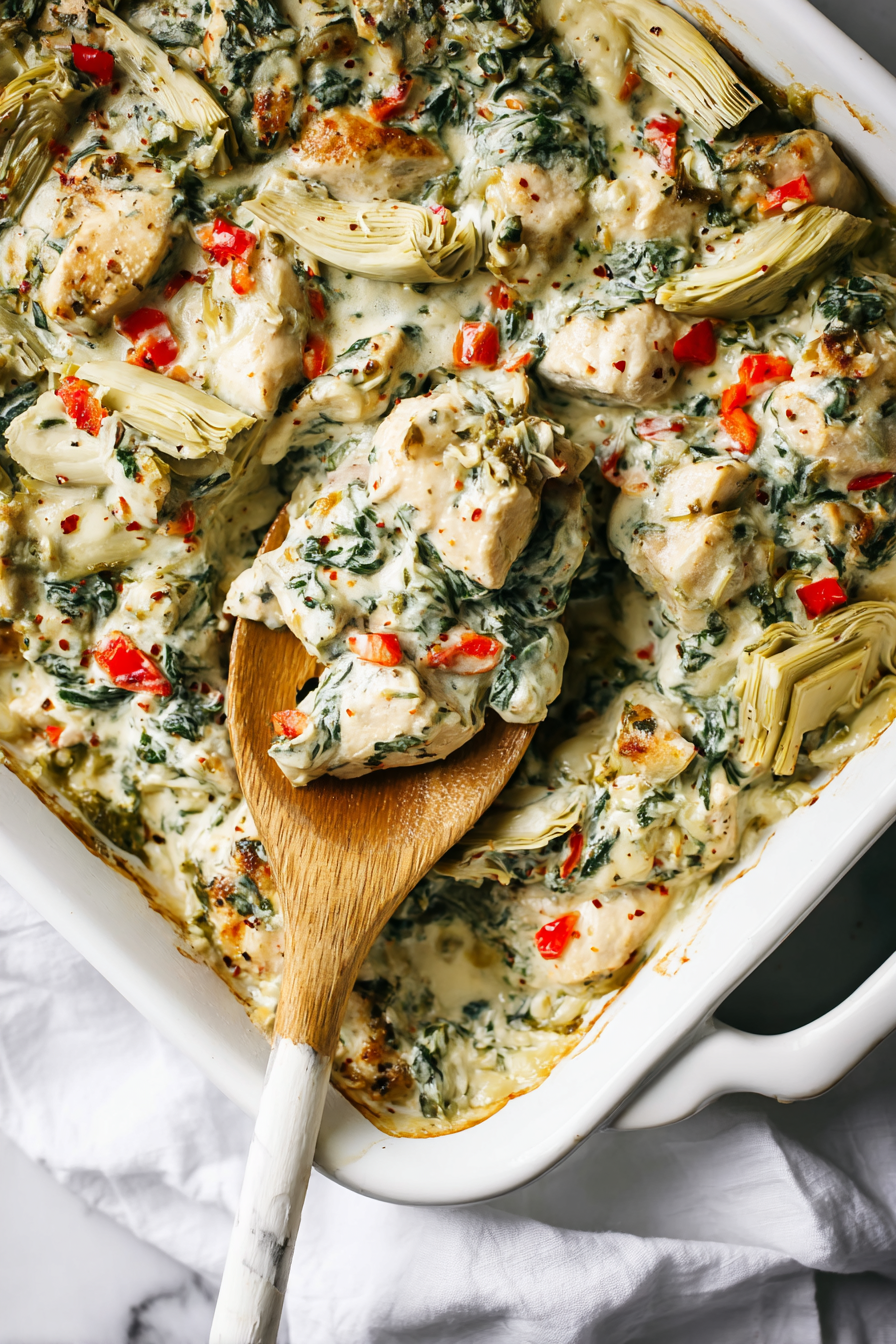 Easy Creamy Spinach Artichoke Chicken Bake