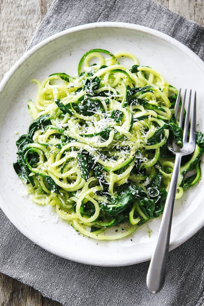 Easy Delicious Spinach & Parmesan Zucchini Noodles