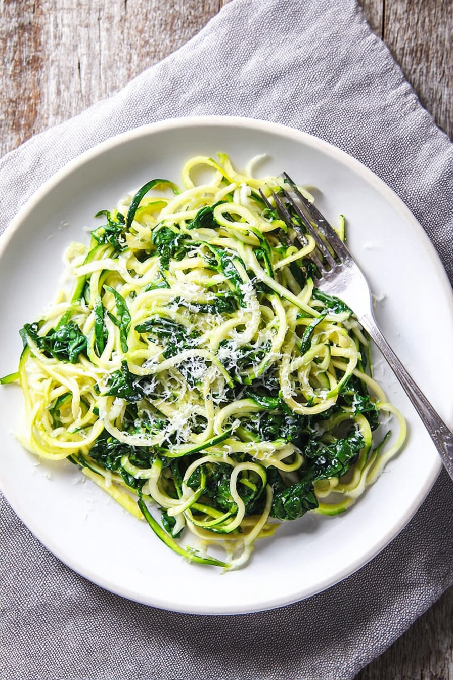 Easy Delicious Spinach & Parmesan Zucchini Noodles
