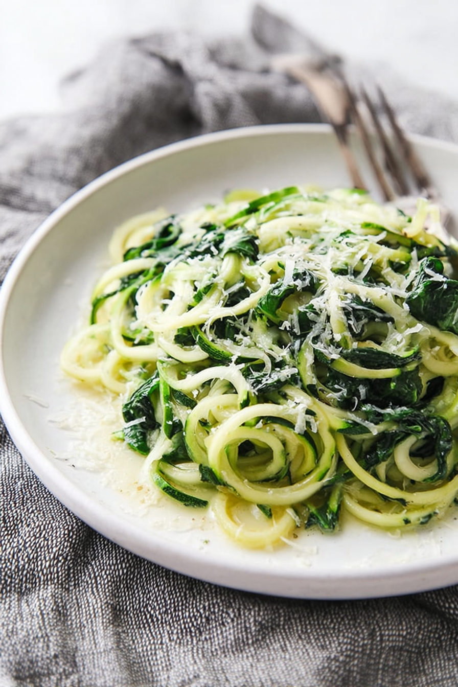 Easy Delicious Spinach & Parmesan Zucchini Noodles