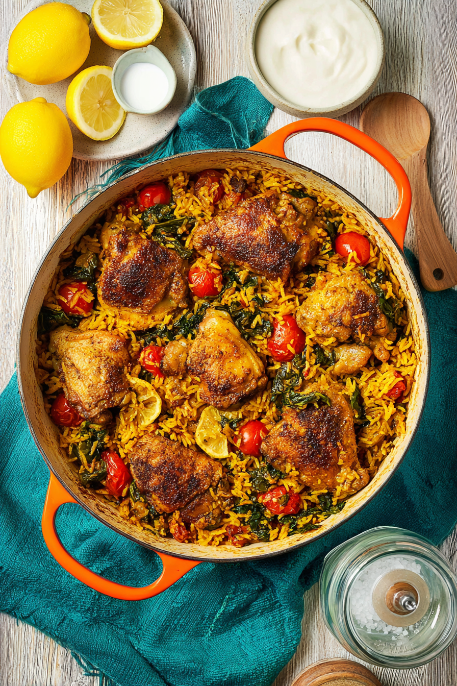 Easy One-Pot Spiced Chicken and Rice with Tahini Yogurt Drizzle