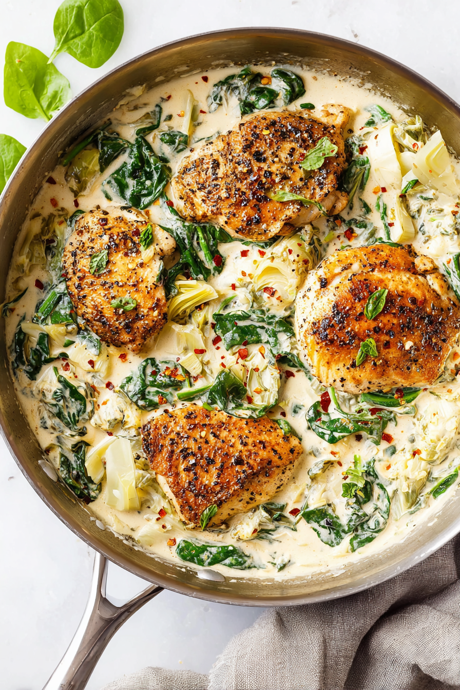 Fast Creamy Spinach Artichoke Chicken Skillet (Paleo, Whole30, Keto) Fast Creamy Spinach Artichoke Chicken Skillet (Paleo, Whole30, Keto)