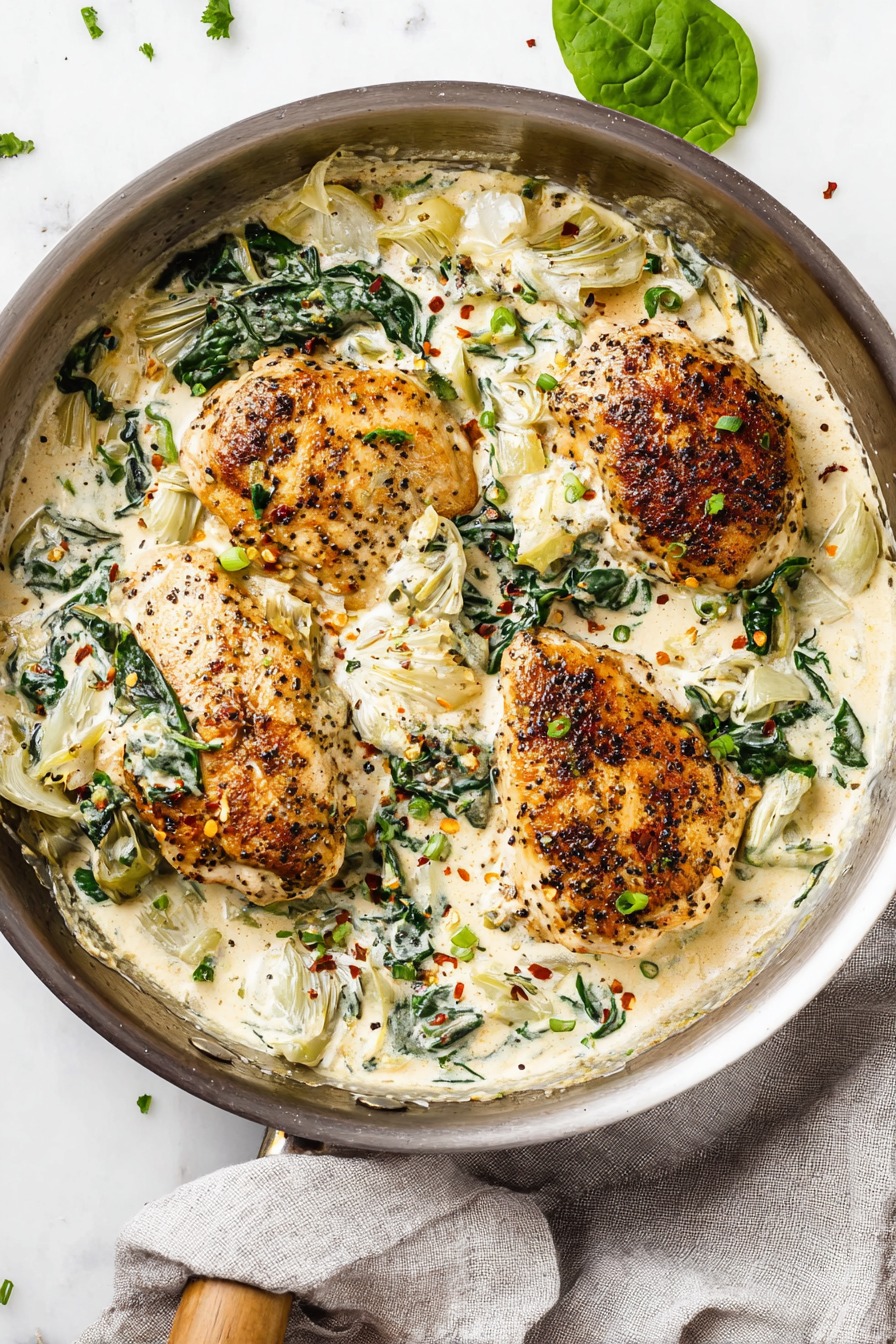 Fast Creamy Spinach Artichoke Chicken Skillet (Paleo, Whole30, Keto) Fast Creamy Spinach Artichoke Chicken Skillet (Paleo, Whole30, Keto)