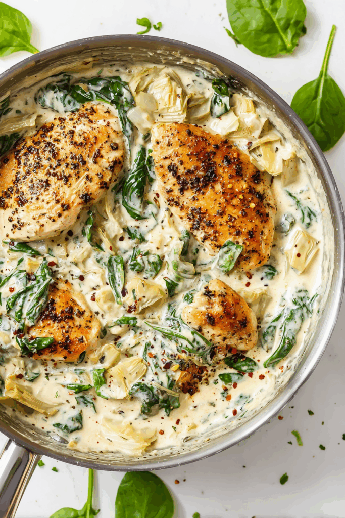 Fast Creamy Spinach Artichoke Chicken Skillet (Paleo, Whole30, Keto)