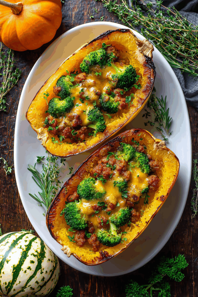 Stuffed Spaghetti Squash with Broccoli, Sausage, and Cheddar