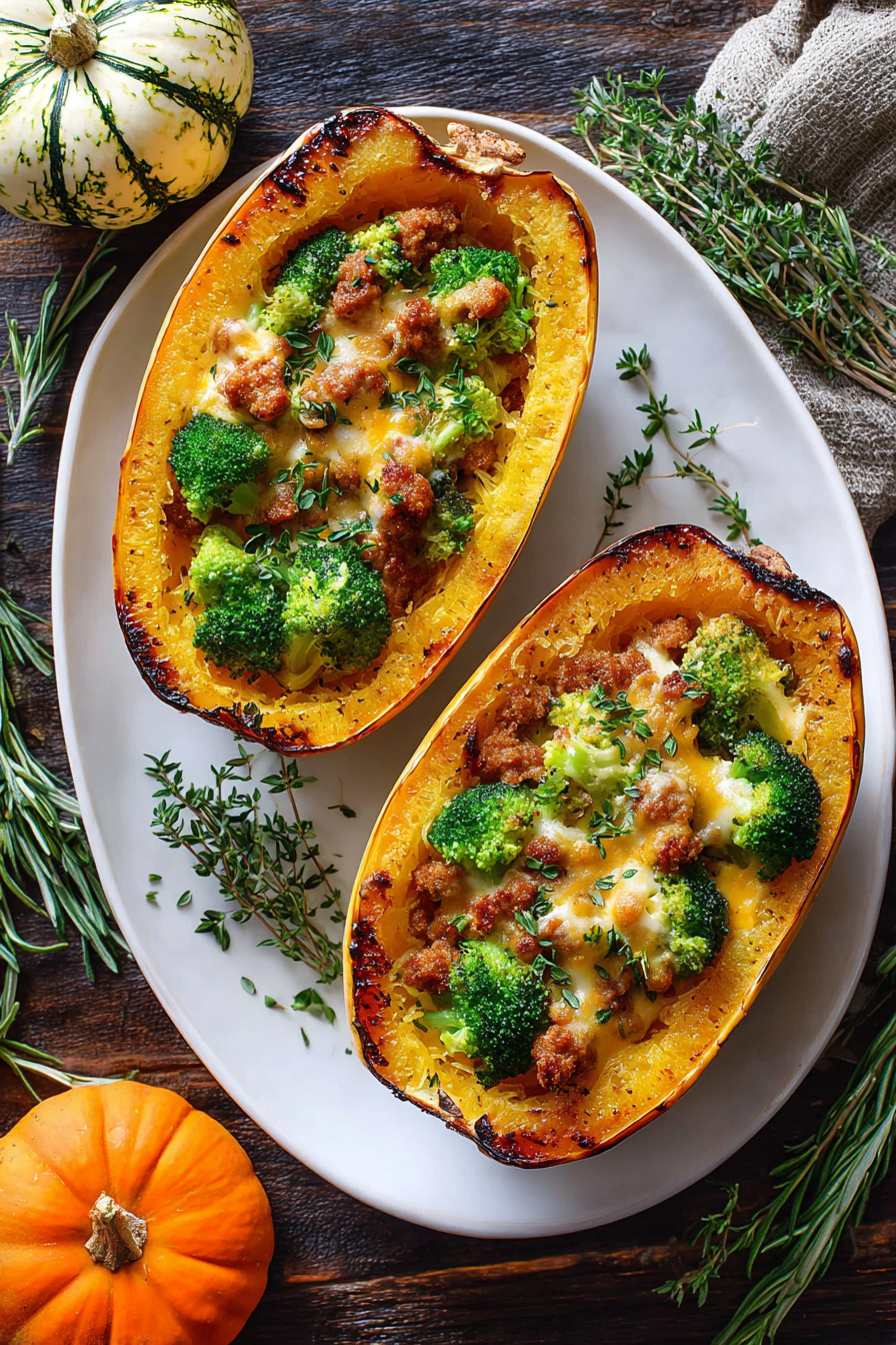 Stuffed Spaghetti Squash with Broccoli, Sausage, and Cheddar Stuffed Spaghetti Squash with Broccoli, Sausage, and Cheddar