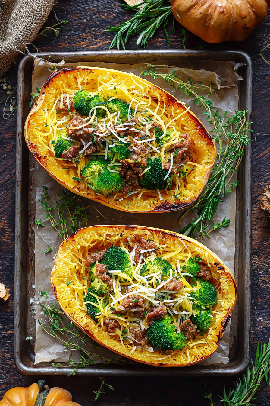 Stuffed Spaghetti Squash with Broccoli, Sausage, and Cheddar Stuffed Spaghetti Squash with Broccoli, Sausage, and Cheddar