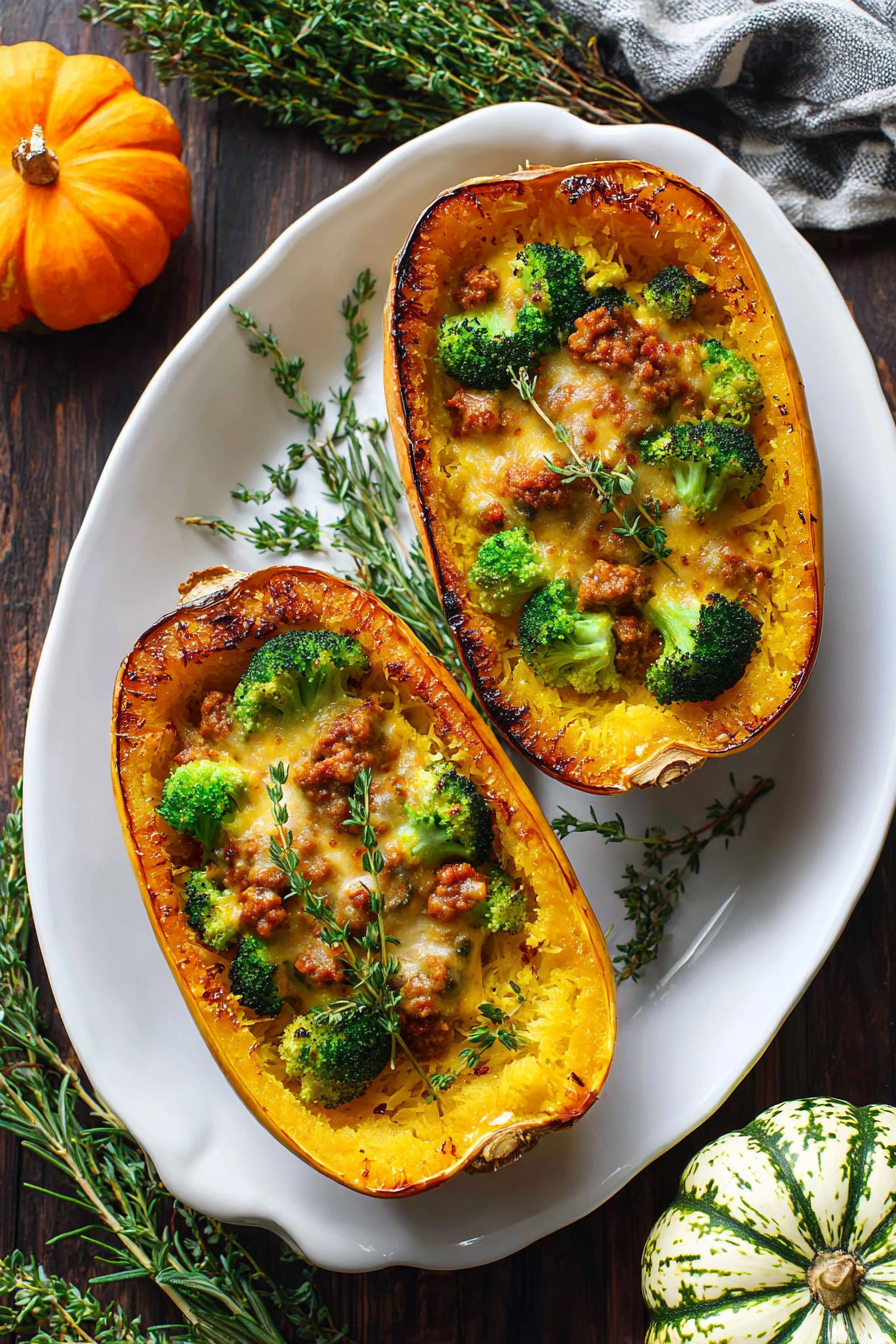 Stuffed Spaghetti Squash with Broccoli, Sausage, and Cheddar Stuffed Spaghetti Squash with Broccoli, Sausage, and Cheddar
