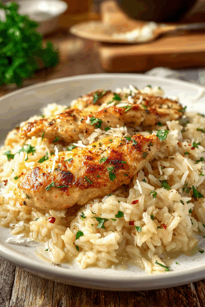 The Best Chicken Scampi Rice with Garlic Parmesan Flavor