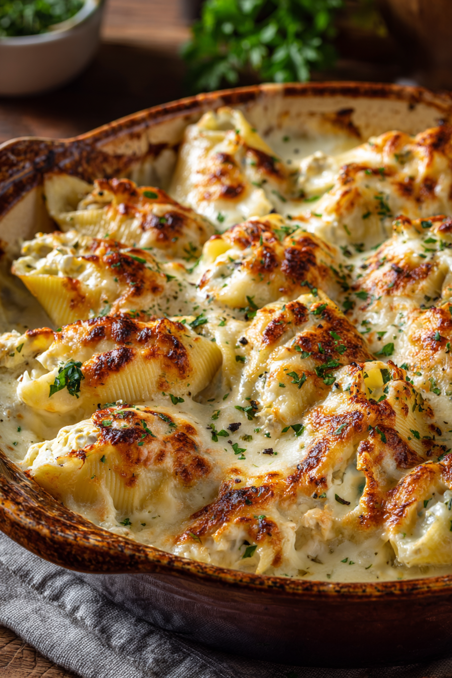 Creamy Chicken Alfredo Stuffed Shells with Cheese Creamy Chicken Alfredo Stuffed Shells with Cheese
