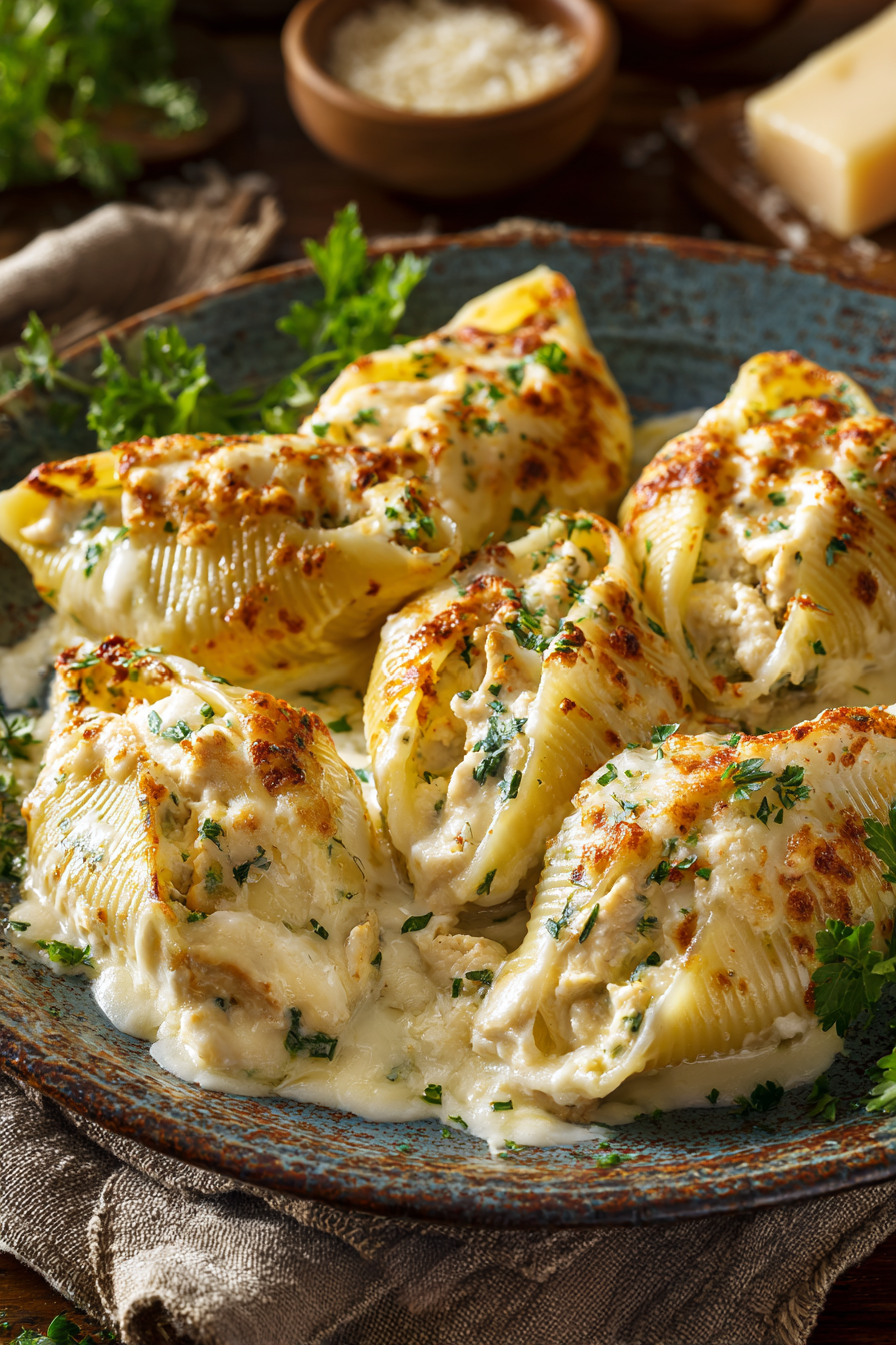 Creamy Chicken Alfredo Stuffed Shells with Cheese Creamy Chicken Alfredo Stuffed Shells with Cheese